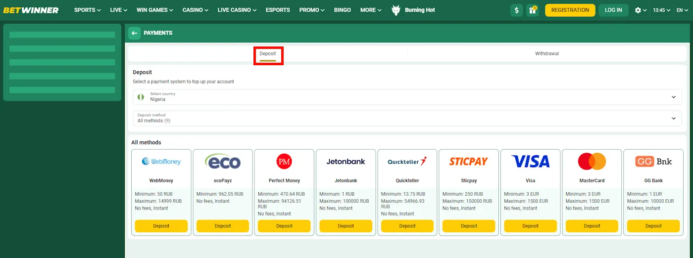Betwinner Deposit options Screenshot